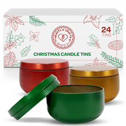 Hearts \u0026 Crafts Holiday Tin Candle Jars for Making Candles - Candle Tins 8oz - 24 Holiday Christmas Tin Candle Jars with Lids for Candle Making - Red, Green, Gold